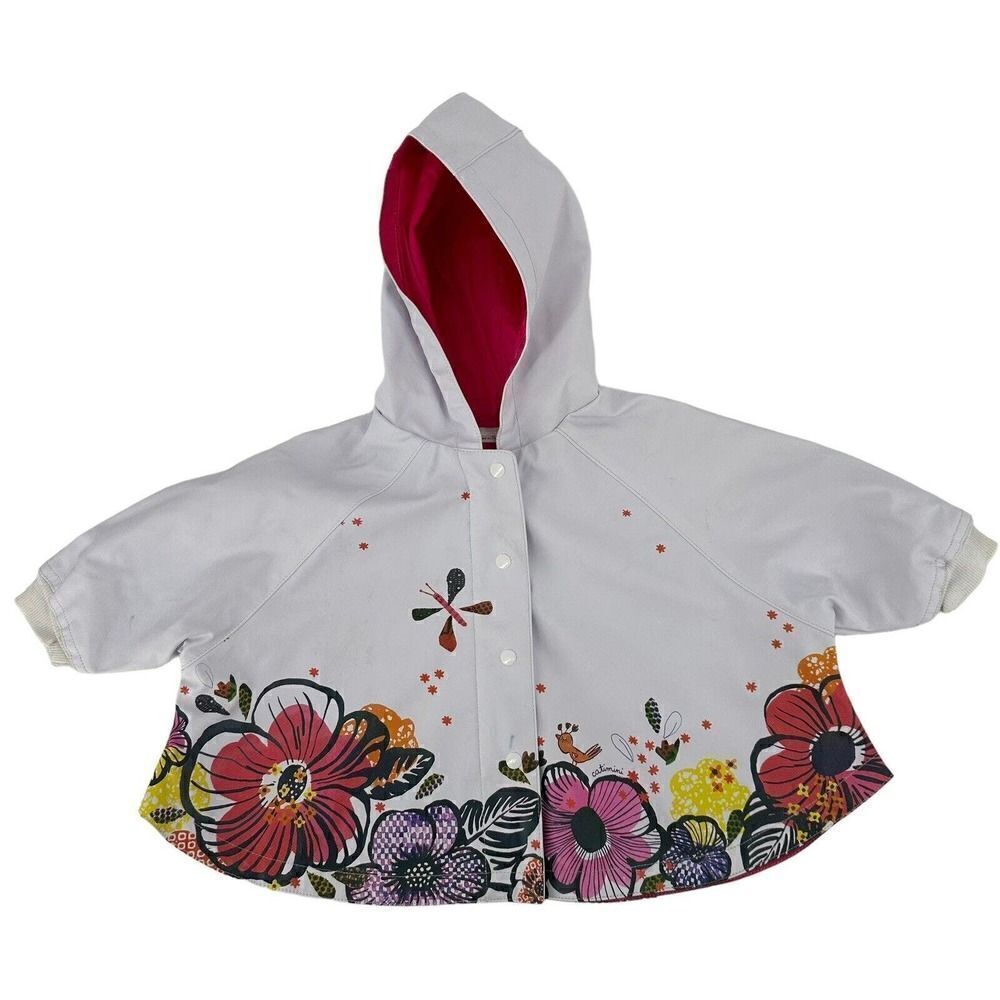 Catimini Rain Coat Baby Girl Size 12 Months Cheerful White Floral Spring Hooded